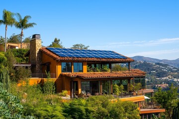 Obraz premium Modern Solar Panels Installed on a Hollywood Hills California Home Under Clear Blue Sunny Sky, Solar Photography, Solar Powered Clean Energy, Sustainable Resources, Electricity Source