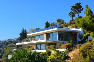 Fototapeta premium Modern Solar Panels Installed on a Hollywood Hills California Home Under Clear Blue Sunny Sky, Solar Photography, Solar Powered Clean Energy, Sustainable Resources, Electricity Source