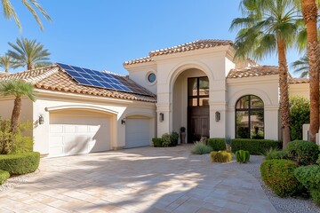 Fototapeta premium Modern Solar Panels Installed on a Las Vegas Nevada Home Under Clear Blue Sunny Sky, Solar Photography, Solar Powered Clean Energy, Sustainable Resources, Electricity Source