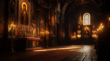 A historic Russian Orthodox iconostasis in a dimly lit church. v2