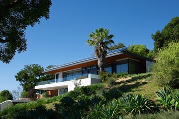 Fototapeta premium Modern Solar Panels Installed on a Los Angeles California Home Under Clear Blue Sunny Sky, Solar Photography, Solar Powered Clean Energy, Sustainable Resources, Electricity Source