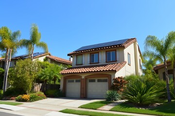 Modern Solar Panels Installed on a Los Angeles California Home Under Clear Blue Sunny Sky, Solar Photography, Solar Powered Clean Energy, Sustainable Resources, Electricity Source