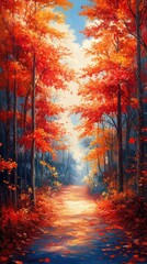 Autumn Forest Path Oil Painting Illustration