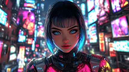 Girl with Neon Armor in Futuristic Cityscape with Holographic Billboards