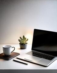 Fototapeta premium a work desk. Office desk setup with laptop, coffee cup, pen and notebook, all in a minimalist style. on side position provides copy space for text. background concept isolated white