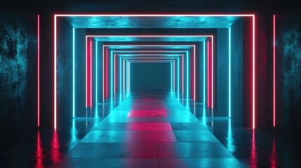 Futuristic neon lamps illuminate a dark corridor casting reflections on the floor and walls creating a striking empty space at the center