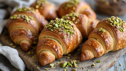 Fresh pistachio croissants presented on a rustic table perfect for a delightful breakfast experience
