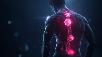 A man's spine is lit up in red. The image is a representation of the human body and its anatomy. The red light emphasizes the spine, which is an essential part of the body's structure