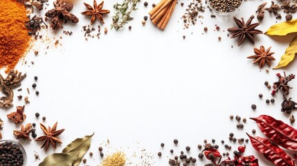 Spices Arranged in a Frame on a White Background