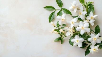 Top view of a jasmine bouquet on a neutral backdrop offering space for text ideal for seasonal greeting cards
