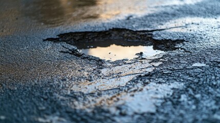 Close up of a damaged asphalt road surface featuring cracks a hole and pooled rainwater