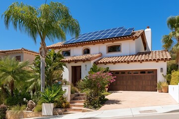 Fototapeta premium Modern Solar Panels Installed on a San Diego California Home Under Clear Blue Sunny Sky, Solar Photography, Solar Powered Clean Energy, Sustainable Resources, Electricity Source