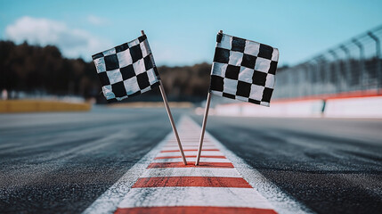 Two checkered flags on a race track, used as finish markers for racing competitions