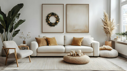 Cozy Living Room Decor with White Sofa,  Brown Cushions and Neutral Rug