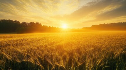 Obraz premium Golden Sunrise Illuminating a Tranquil Field Evoking a Peaceful Morning Atmosphere