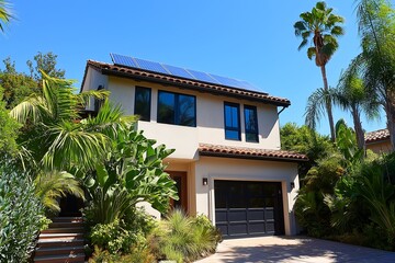 Fototapeta premium Modern Solar Panels Installed on a Santa Monica California Home Under Clear Blue Sunny Sky, Solar Photography, Solar Powered Clean Energy, Sustainable Resources, Electricity Source