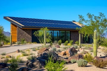 Modern Solar Panels Installed On A Arizona Home Under Clear Blue Sunny Sky, Solar Photography, Solar Powered Clean Energy, Sustainable Resources, Electricity Source