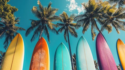 Vibrant surfboards surrounded by tall palm trees under a bright blue sky