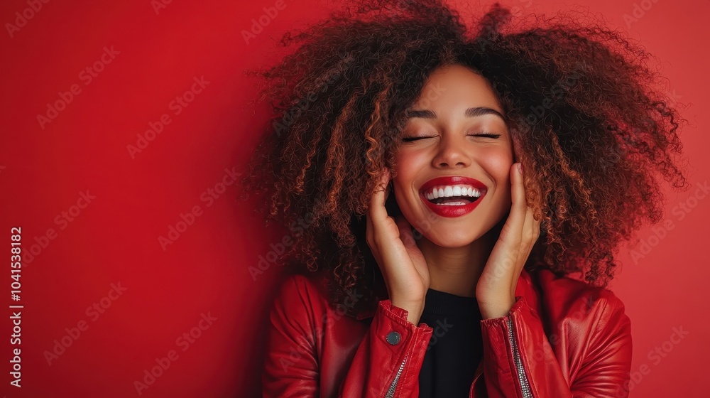 Wall mural an excited woman, wearing a fashionable red jacket, smiles with her eyes closed against a red backdr