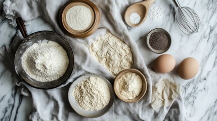 Baking components arranged on a linen cloth over a marble surface
