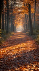 Fototapeta premium Autumn Forest Path with Sunlight Through Trees - Photo