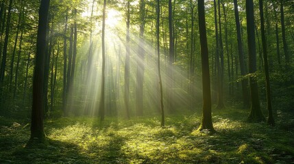 Obraz premium Bright light filters through dense trees in a forest