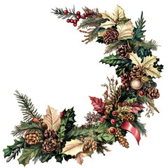 Fototapeta premium Festive holiday wreath adorned with pinecones and holly