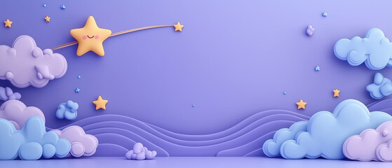 Cute Cartoon Clouds and Stars on Purple Background.