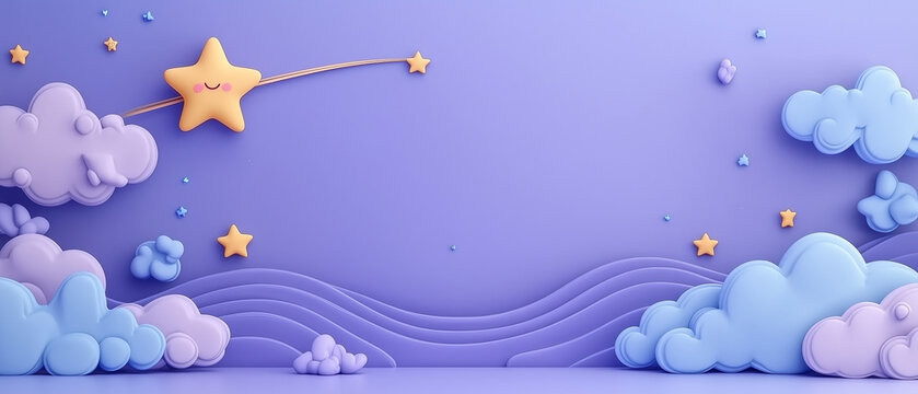 Cute Cartoon Clouds and Stars on Purple Background.