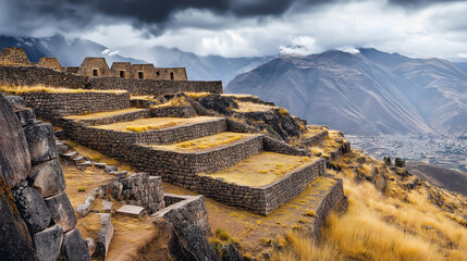 Obraz premium A sacred Inca site high in the Andes mountains, featuring ancient stone structures and terraces. v3