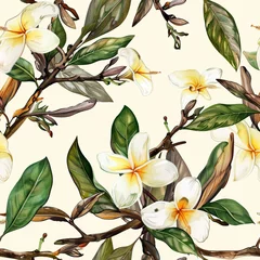 Watercolor seamless floral pattern with vanilla flowers and green leaves on beige background