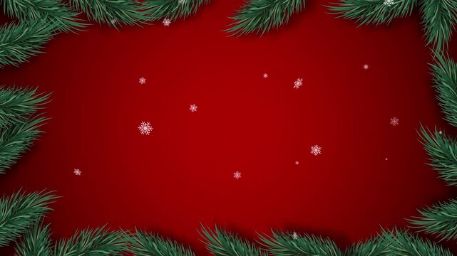 Red Christmas background with green pine tree leaves at border and snow falling, motion graphic design