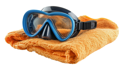 scuba mask and snorkel on orange beach towel isolated on transparent background