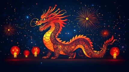 Fototapeta premium Papercut design of a Lunar New Year celebration, featuring red lanterns, dragon parades, and glowing fireworks in the night sky