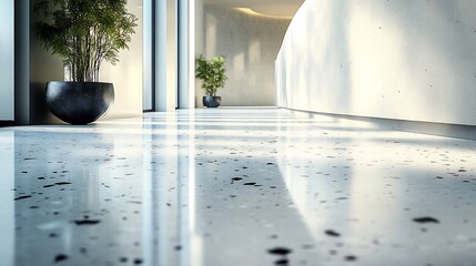 Contemporary terrazzo flooring design featuring sharp lines and contrasting colors like black white and metallic silver accented by a sleek polished concrete wall for an industrial edge