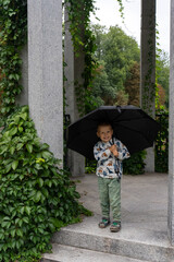 Boy holding a black umbrella under a garden pavilion surrounded by greenery on a cloudy day. Playing outdoors and exploring the weather. High quality photo