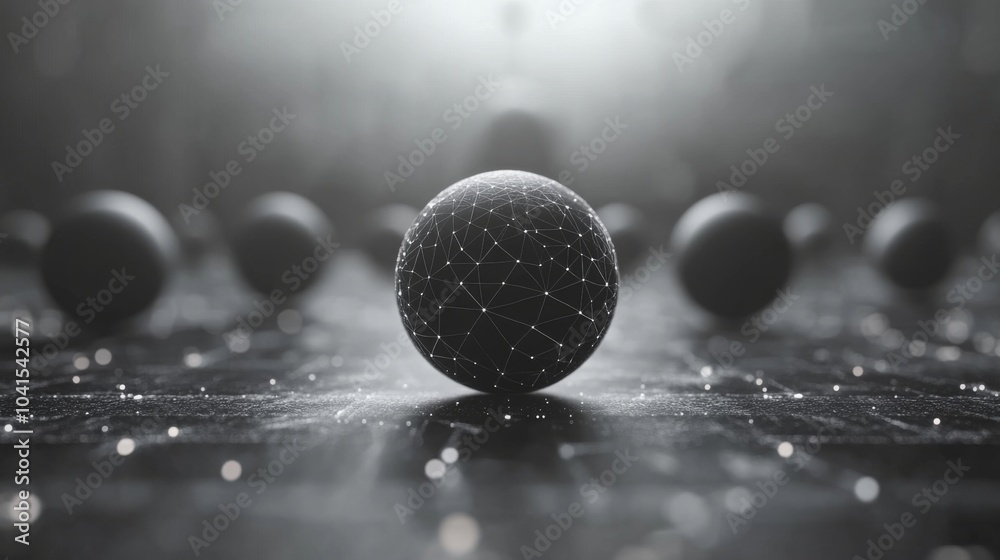 Fototapete Black spheres adorned with white connectivity lines create a captivating digital network on a reflective dark surface, emanating a futuristic vibe in low light.