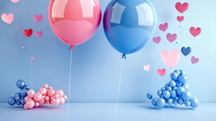 A pink and blue balloon set against a light blue background with a cluster of heart-shaped balloons floating around them