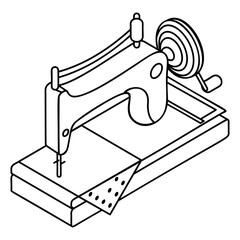 Retro manual Sewing Machine isometric outline concept, Singer treadle machine vector icon, custom tailoring symbol, Made-to-measure clothing sign,Sewist materials stock illustration
