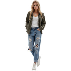 full-length portrait of a young woman wearing a casual outfit, including ripped jeans, a white shirt, a green jacket, and white sneakers. She stands with a relaxed pose and looks at the camera