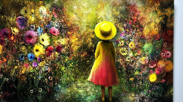 A girl in a red dress and yellow hat stands in a colorful field of wildflowers