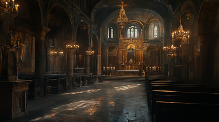 Obraz premium A centuries-old Greek Orthodox church interior, showcasing detailed frescoes on the walls.
