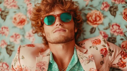 A man wearing floral-patterned sunglasses in a vibrant floral-patterned suit creates a lively and...