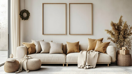 Cozy Living Room Decor with Beige Sofa & Wooden Frames