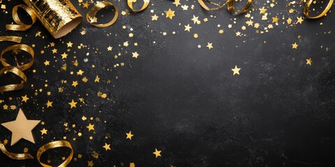 Decorative holiday flat lay featuring gold streamers, stars, and confetti, placed diagonally on a black canvas, with room for text on the right