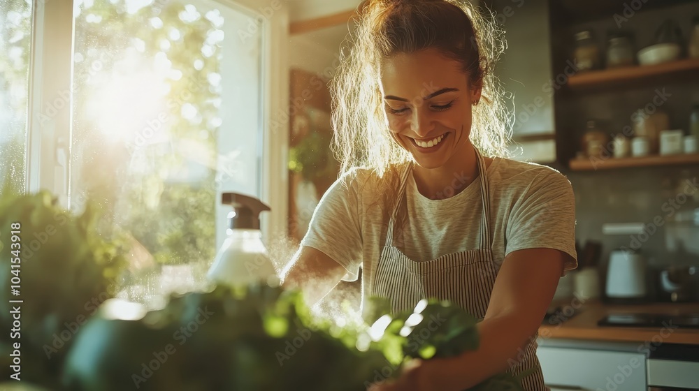 Wall mural a smiling woman with tied hair enjoys prepping vegetables in a sunny kitchen, wearing a striped apro