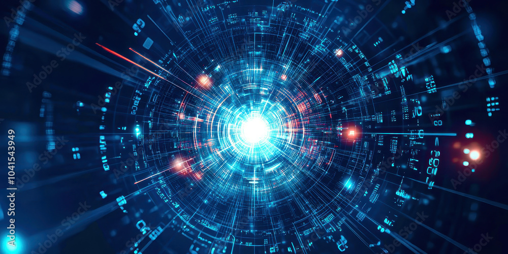 Poster a blue and red lighted image of a spiral with numbers and letters