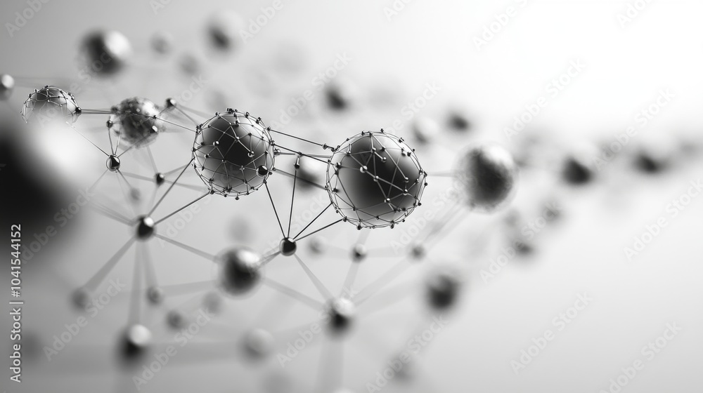 Poster A visual representation of molecular structures featuring interconnected spheres and nodes, illustrating the concepts of chemistry and science in a monochromatic style.
