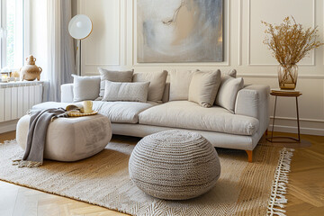Interior of light living room with grey sofas, window and houseplant