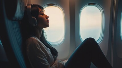 Asian woman sitting by the airplane window gazing outside and daydreaming while enjoying music during her journey